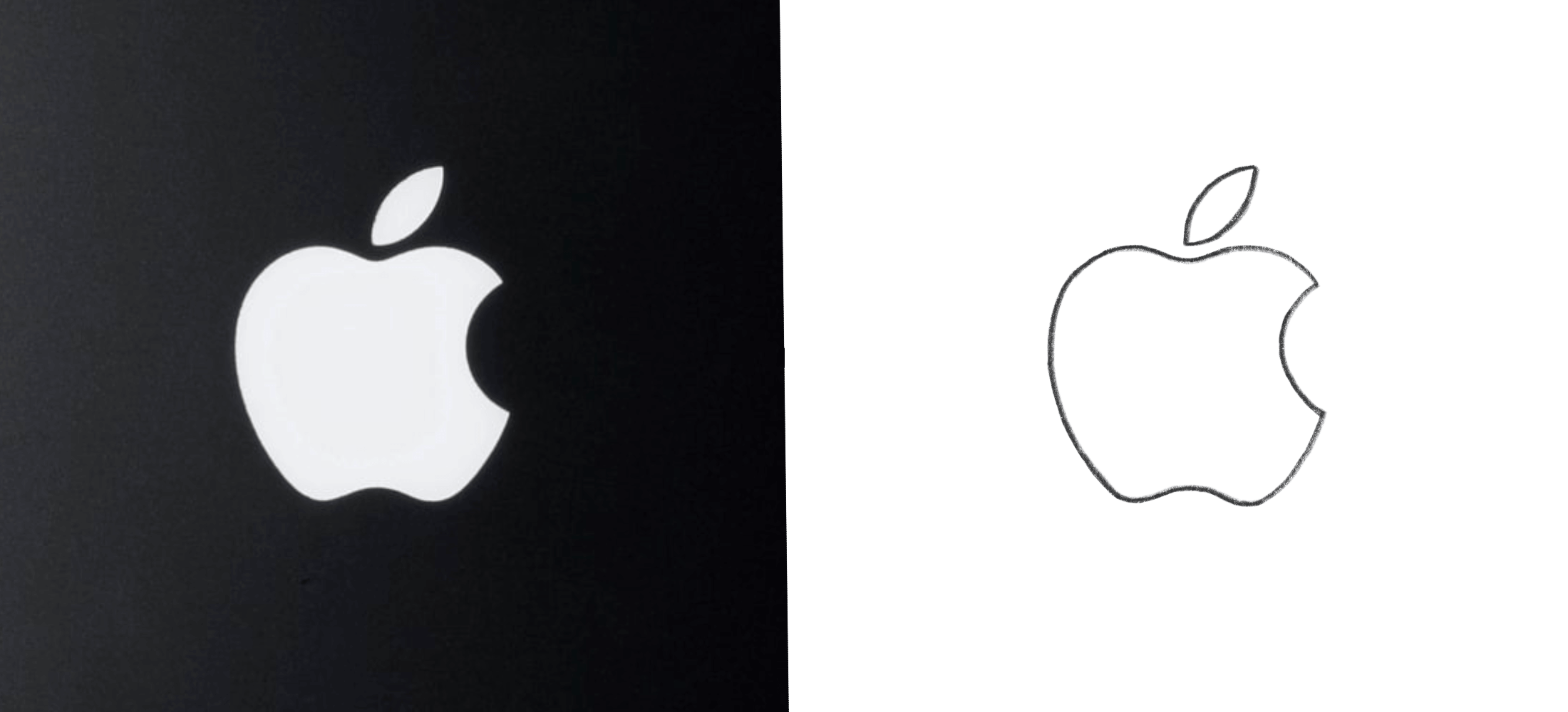 The Apple logo on a Macbook in a dark room alongside a drawn version of the Apple logo