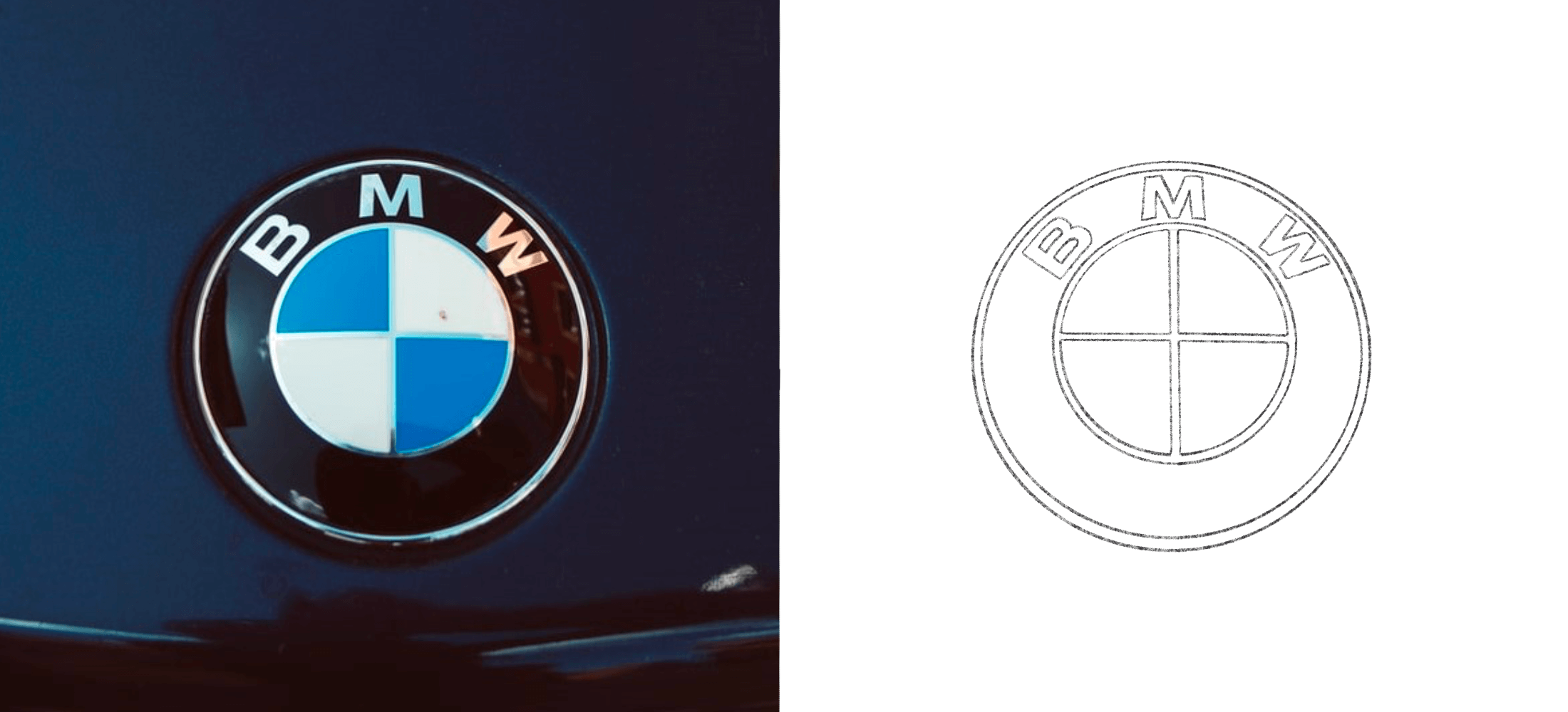 The BMW emblem on a car alongside a drawn version of the BMW logo