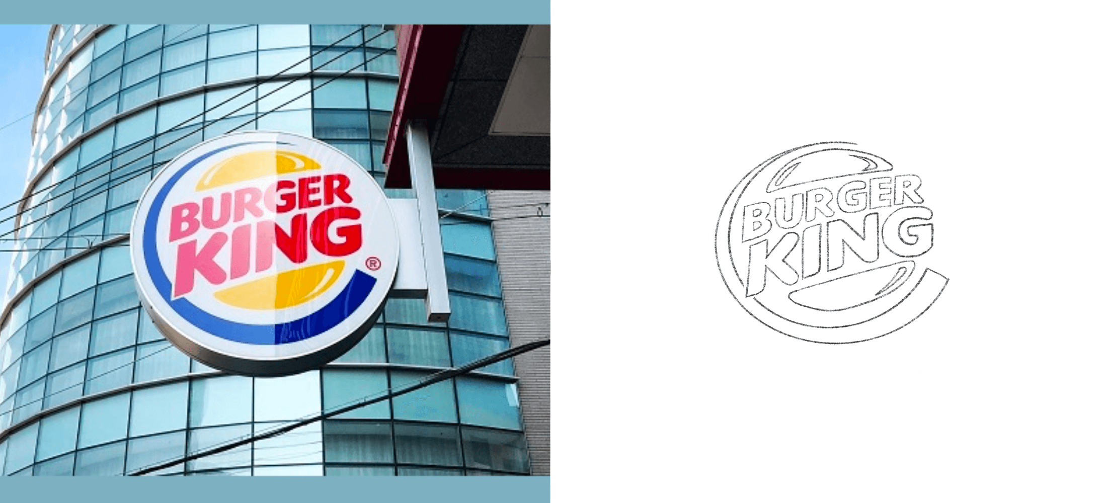Shining Burger King logo hanging at the side of a Burger King restaurant alongside a drawn version of the Burger King logo