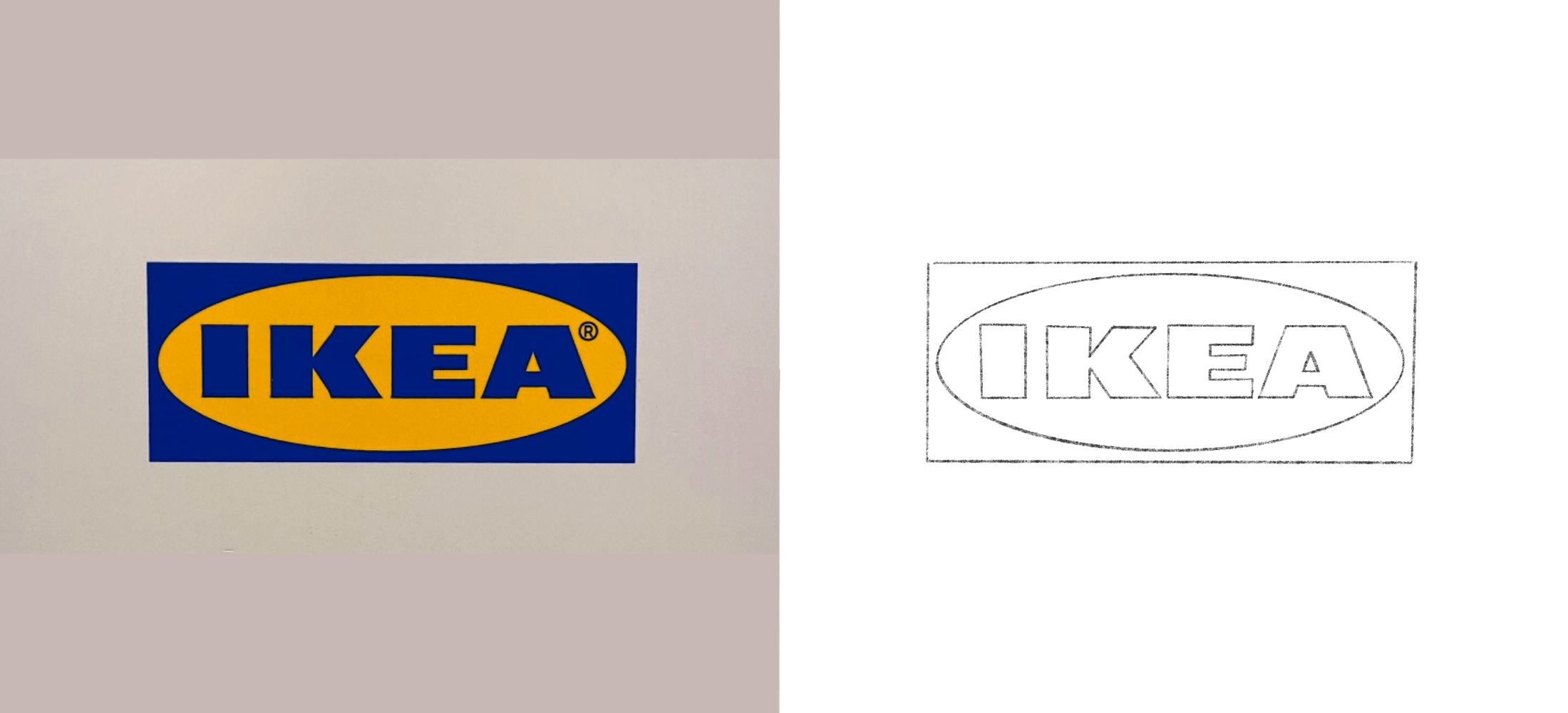 Ikea logo attached to a wall alongside a drawn version of the Ikea logo