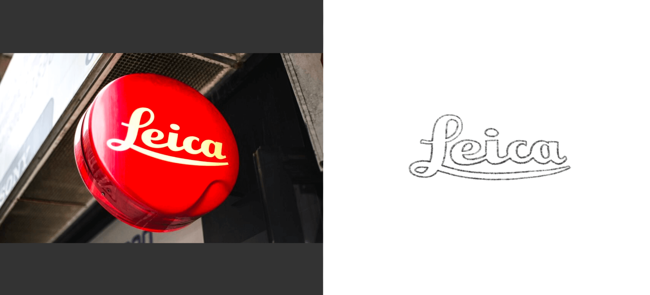 Shining Leica logo hanging at the side of a Leica store alongside a drawn version of the Leica logo