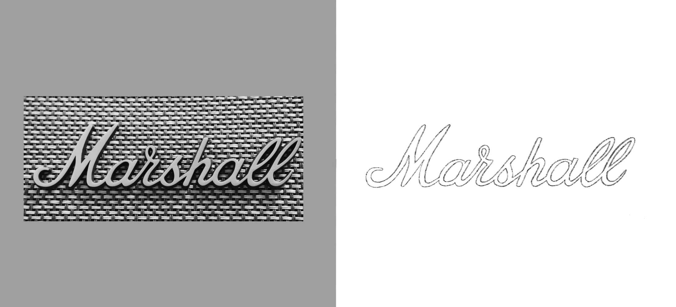 Marshall script logo attached on a grey Marshall speaker alongside a drawn version of the Marshall logo