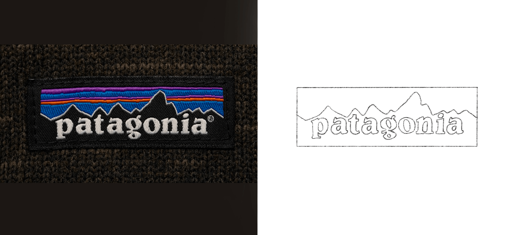 Patagonia logo tag stitched to a black Patagonia sweater alongside a drawn version of the Patagonia logo