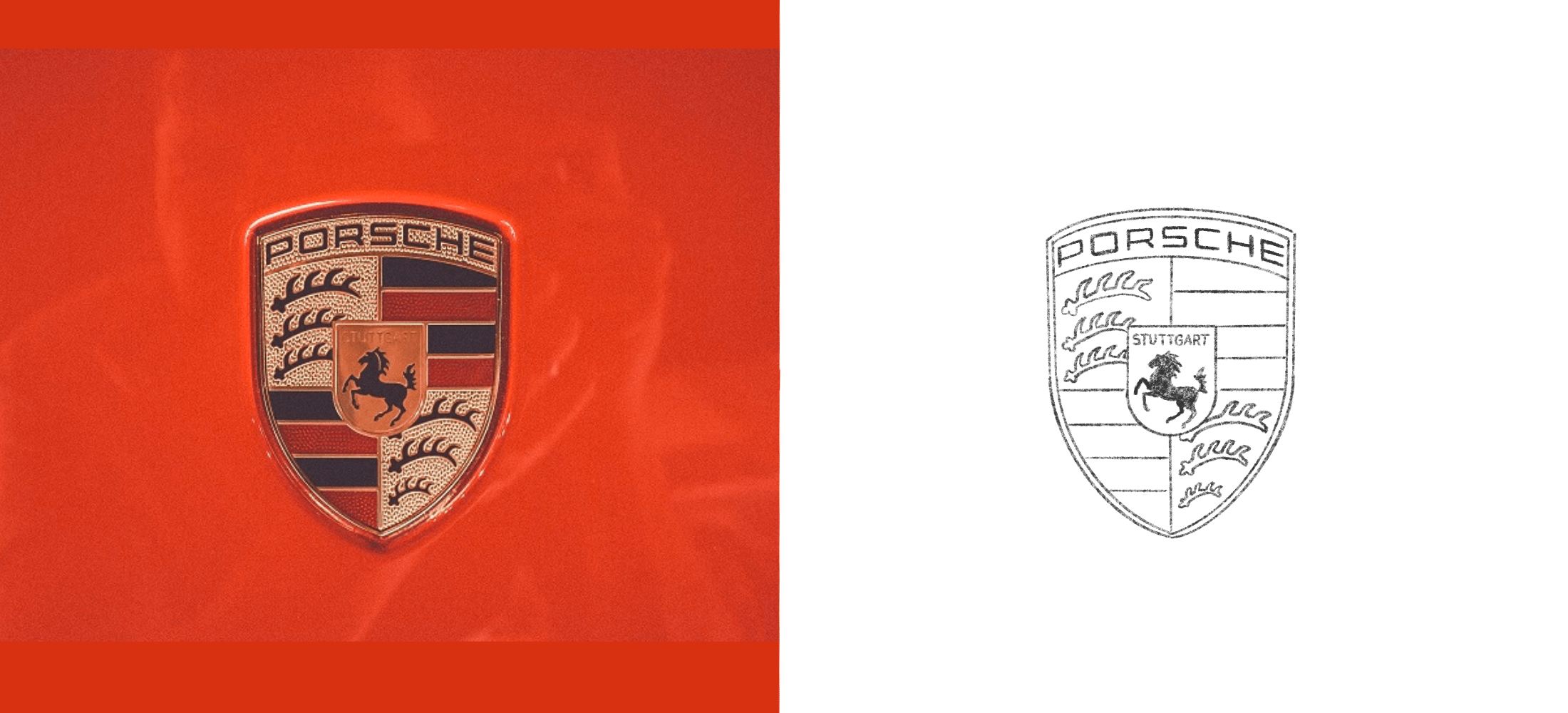Porsche shield emblem logo attached to a orange Porsche car alongside a drawn version of the Porsche logo