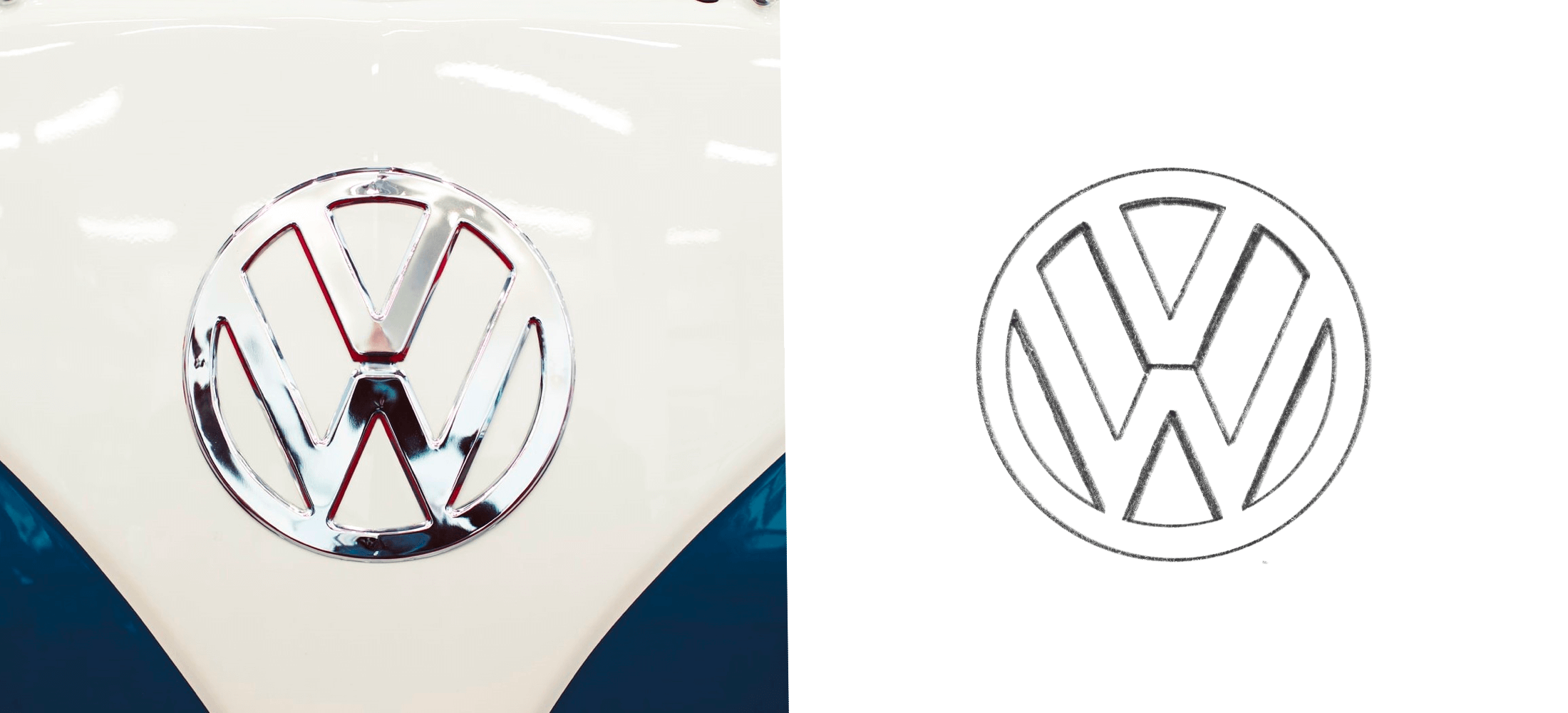 The shiny Volkswagen logo emblem on a VW bus alongside a drawn version of the Volkswagen logo